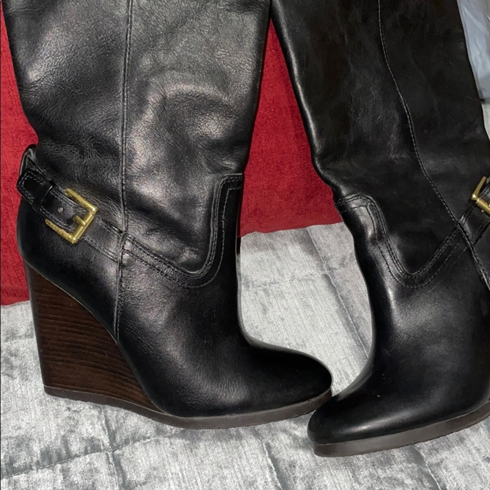 Coach Tall black leather wedge boots